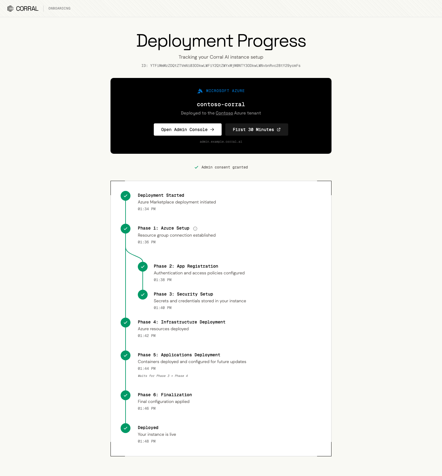 Corral deployment progress — Microsoft Azure tenant setup with phase-by-phase checklist